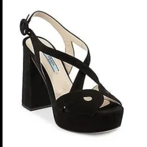 PRADA Suede Block Heel Platform Sandals Black Size 39