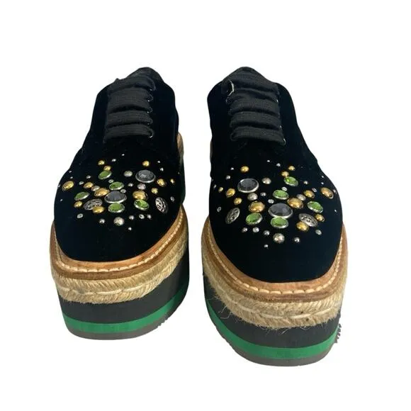 PRADA velvet embellished platform loafer shoes 35