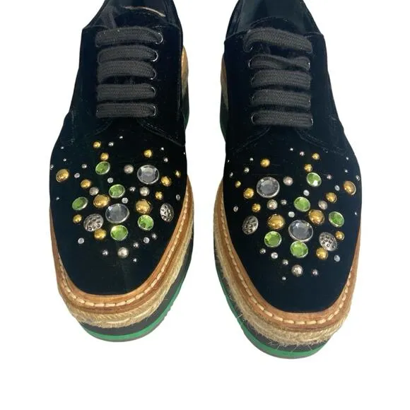 PRADA velvet embellished platform loafer shoes 35