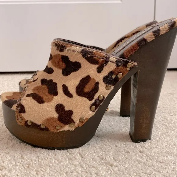 PRADA Women's‎ Size EU 37.5 US 7.5 Pony Hair Clog Mules Heels Shoes St Leopardo