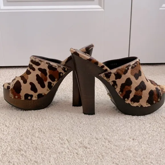 PRADA Women's‎ Size EU 37.5 US 7.5 Pony Hair Clog Mules Heels Shoes St Leopardo