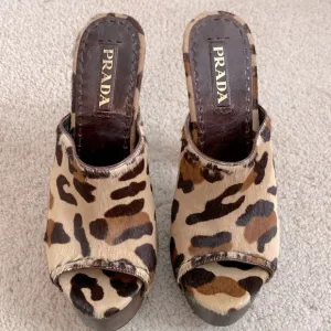 PRADA Women's‎ Size EU 37.5 US 7.5 Pony Hair Clog Mules Heels Shoes St Leopardo