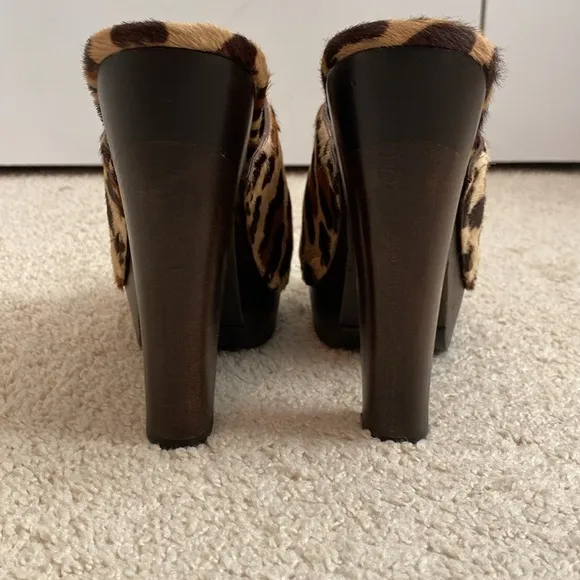 PRADA Women's‎ Size EU 37.5 US 7.5 Pony Hair Clog Mules Heels Shoes St Leopardo
