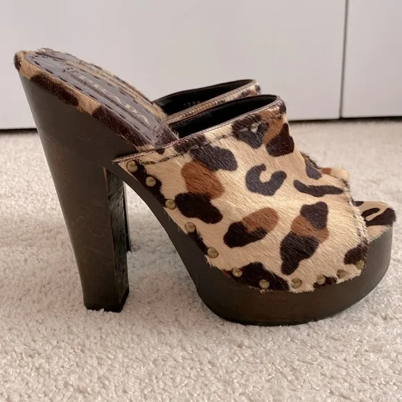PRADA Women's‎ Size EU 37.5 US 7.5 Pony Hair Clog Mules Heels Shoes St Leopardo