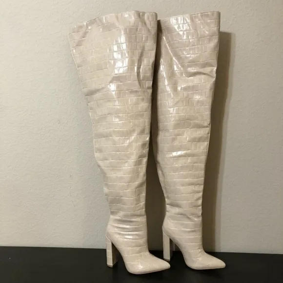 PrettyLittleThing Boots Cream Pu Croc Thigh High Point Block Heels Trendy Sexy