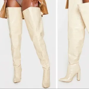PrettyLittleThing Boots Cream Pu Croc Thigh High Point Block Heels Trendy Sexy