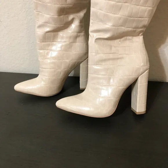PrettyLittleThing Boots Cream Pu Croc Thigh High Point Block Heels Trendy Sexy