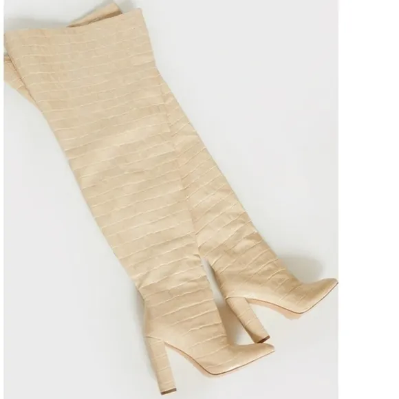 PrettyLittleThing Boots Cream Pu Croc Thigh High Point Block Heels Trendy Sexy