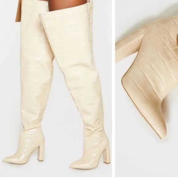 PrettyLittleThing Boots Cream Pu Croc Thigh High Point Block Heels Trendy Sexy