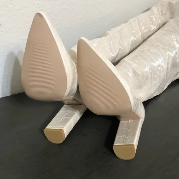 PrettyLittleThing Boots Cream Pu Croc Thigh High Point Block Heels Trendy Sexy