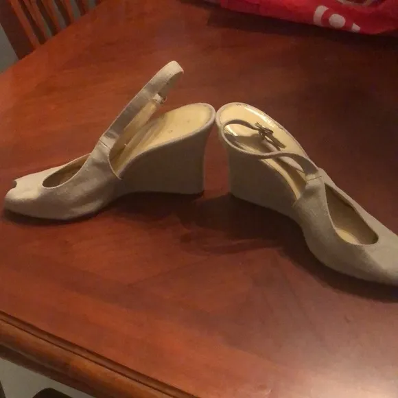 Prwnd KATE SPADE Women's Beige Linen Open Toe10 Wedge Sandals Sz10