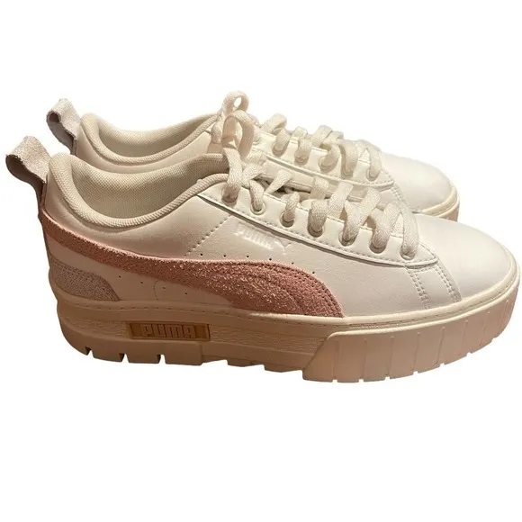 PUMA Mayze Free People White Leather Tennis Shoes w/Gray &amp; Pink Accents