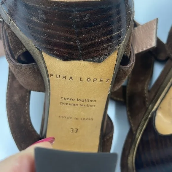 Pura Lopez ankle strap high heel suede sandals brown size 37