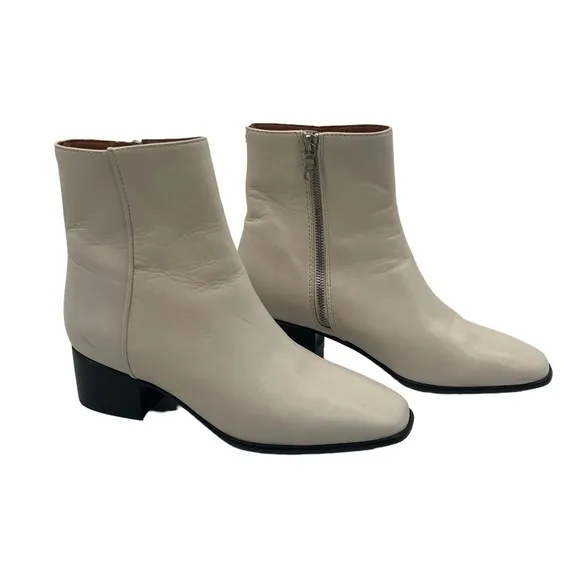 rag &amp; bone Cream Zip Up Square Toe Ankle Block Heel Boots Size 37 Women's