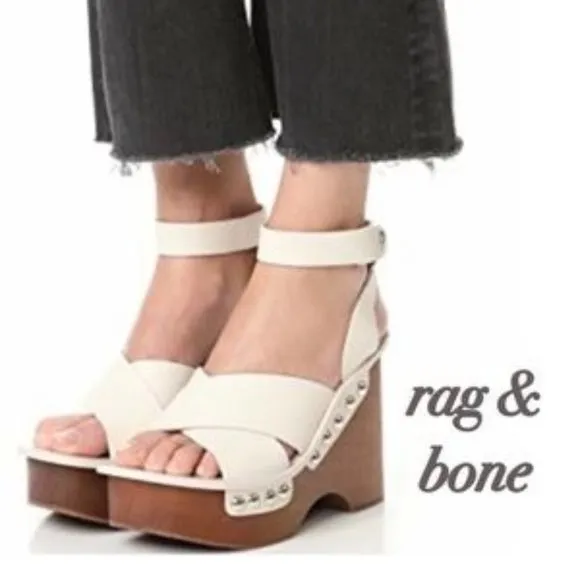 Rag &amp; Bone Hester Wedge Wooden Heels Ivory White Brown 9.5 Studded shoes