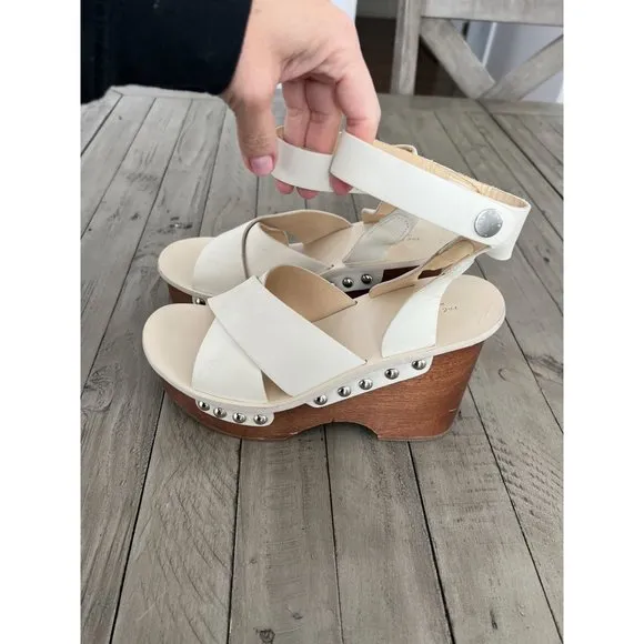 Rag &amp; Bone Hester Wedge Wooden Heels Ivory White Brown 9.5 Studded shoes