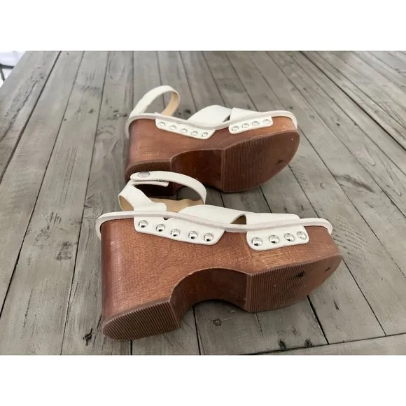 Rag &amp; Bone Hester Wedge Wooden Heels Ivory White Brown 9.5 Studded shoes
