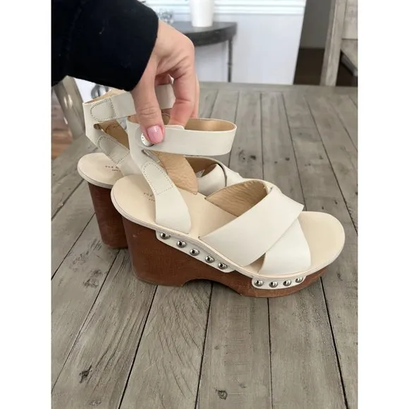 Rag &amp; Bone Hester Wedge Wooden Heels Ivory White Brown 9.5 Studded shoes