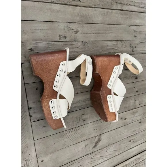Rag &amp; Bone Hester Wedge Wooden Heels Ivory White Brown 9.5 Studded shoes