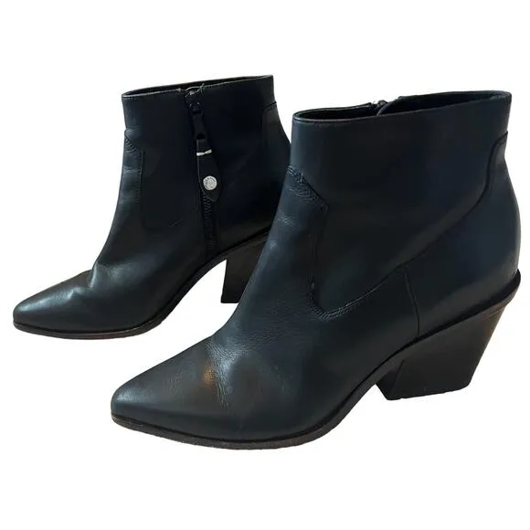 Rag &amp; Bone Razor Black Leather Block Heel Western Boots Size 37 / 7