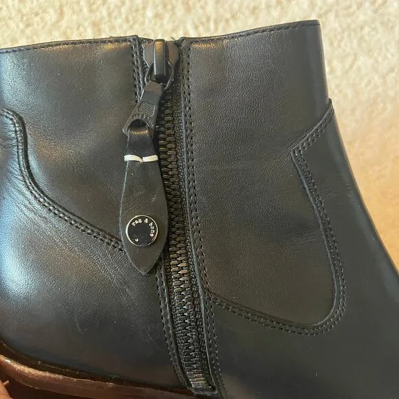 Rag &amp; Bone Razor Black Leather Block Heel Western Boots Size 37 / 7