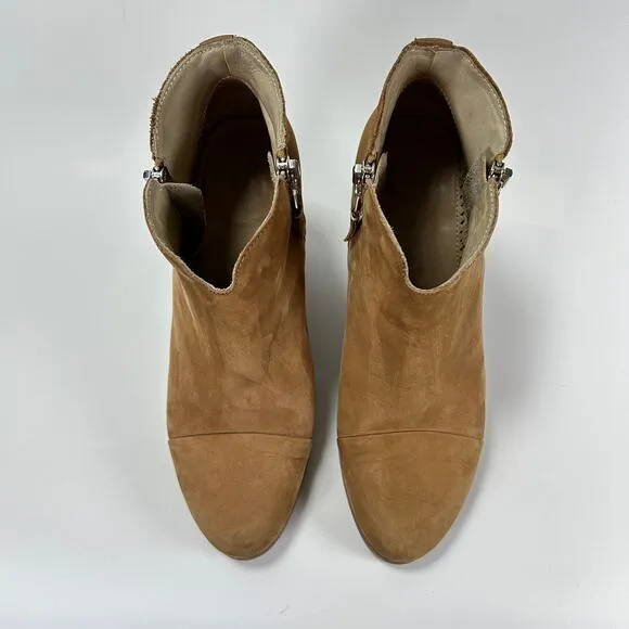 RAG &amp; BONE Tan Camel Suede Ankle Boots Zip Up Block Heel Margot Bootie EU 38.5