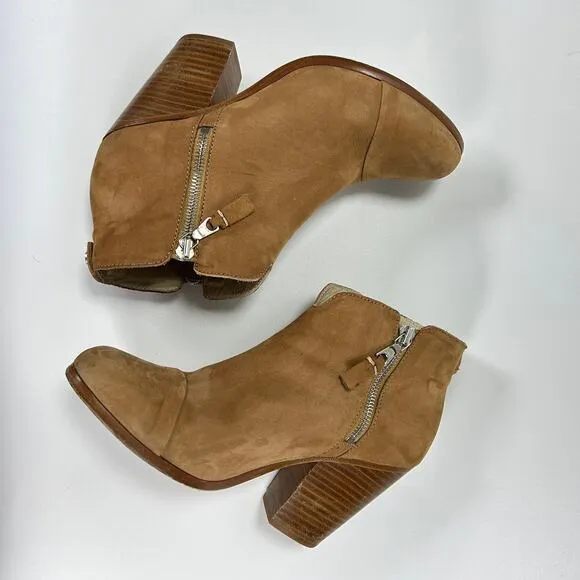 RAG &amp; BONE Tan Camel Suede Ankle Boots Zip Up Block Heel Margot Bootie EU 38.5