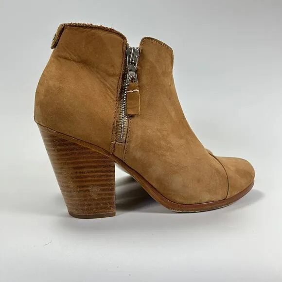 RAG &amp; BONE Tan Camel Suede Ankle Boots Zip Up Block Heel Margot Bootie EU 38.5