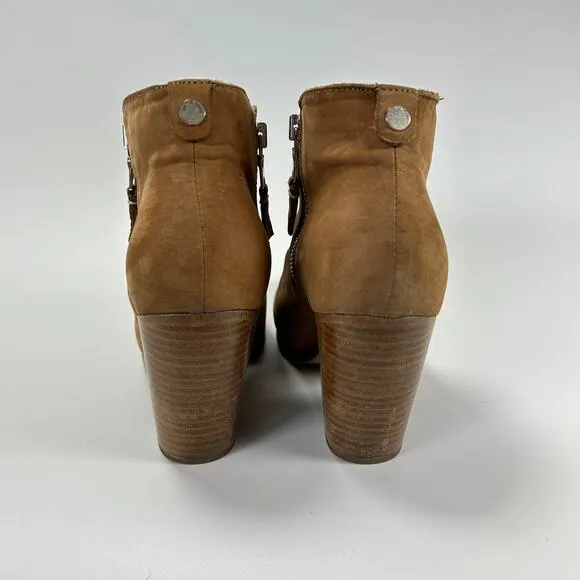RAG &amp; BONE Tan Camel Suede Ankle Boots Zip Up Block Heel Margot Bootie EU 38.5