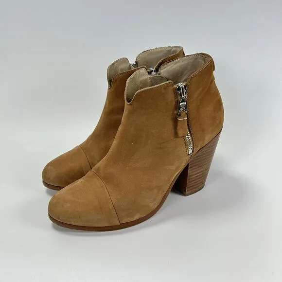 RAG &amp; BONE Tan Camel Suede Ankle Boots Zip Up Block Heel Margot Bootie EU 38.5