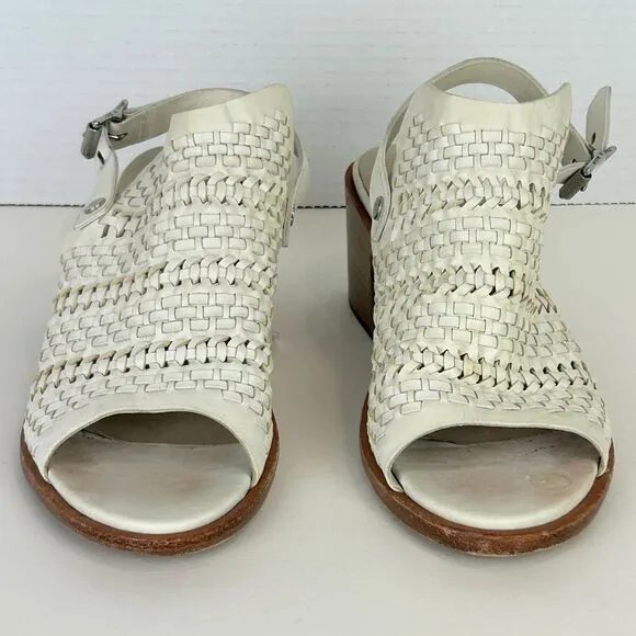 Rag &amp; Bone Wyatt Block Heel Open Toe Leather Sandal Ivory Woven Buckle Sz 38.5 8