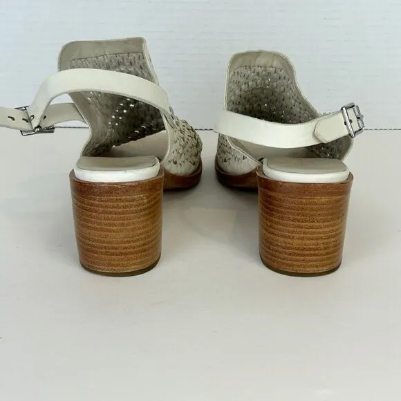 Rag &amp; Bone Wyatt Block Heel Open Toe Leather Sandal Ivory Woven Buckle Sz 38.5 8
