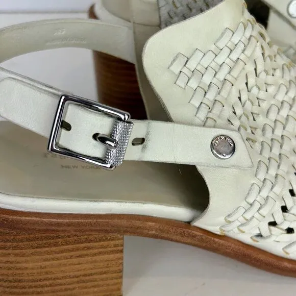 Rag &amp; Bone Wyatt Block Heel Open Toe Leather Sandal Ivory Woven Buckle Sz 38.5 8