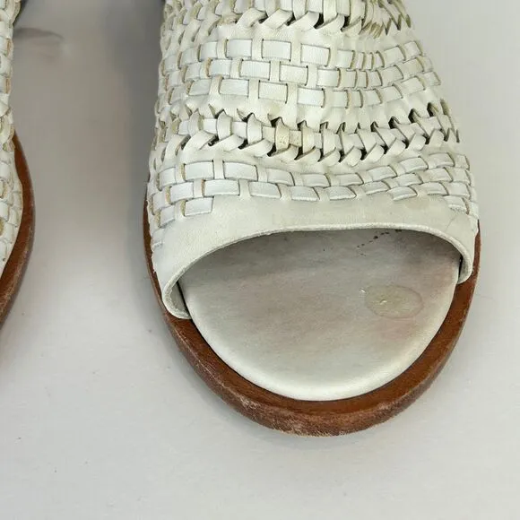 Rag &amp; Bone Wyatt Block Heel Open Toe Leather Sandal Ivory Woven Buckle Sz 38.5 8