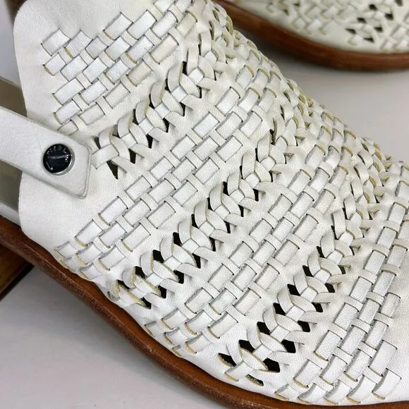 Rag &amp; Bone Wyatt Block Heel Open Toe Leather Sandal Ivory Woven Buckle Sz 38.5 8