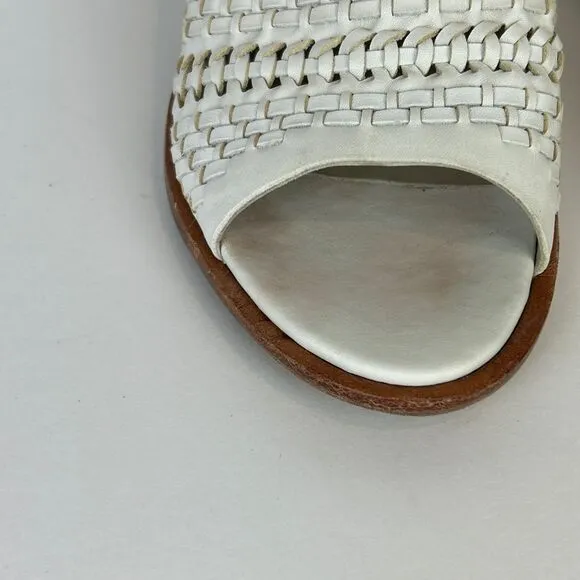 Rag &amp; Bone Wyatt Block Heel Open Toe Leather Sandal Ivory Woven Buckle Sz 38.5 8