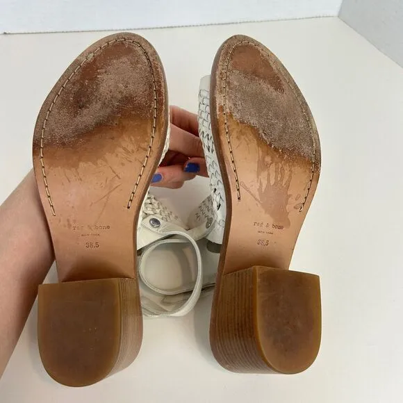 Rag &amp; Bone Wyatt Block Heel Open Toe Leather Sandal Ivory Woven Buckle Sz 38.5 8