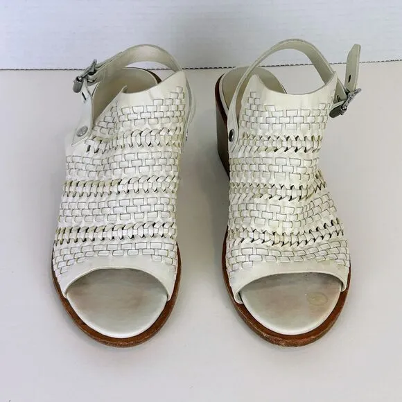Rag &amp; Bone Wyatt Block Heel Open Toe Leather Sandal Ivory Woven Buckle Sz 38.5 8