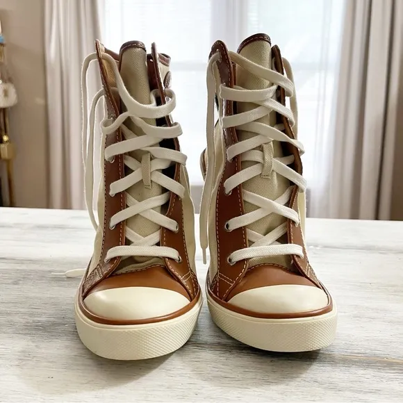 Ralph Lauren Cream canvas High Heel Ankle Booties sneakers size 40