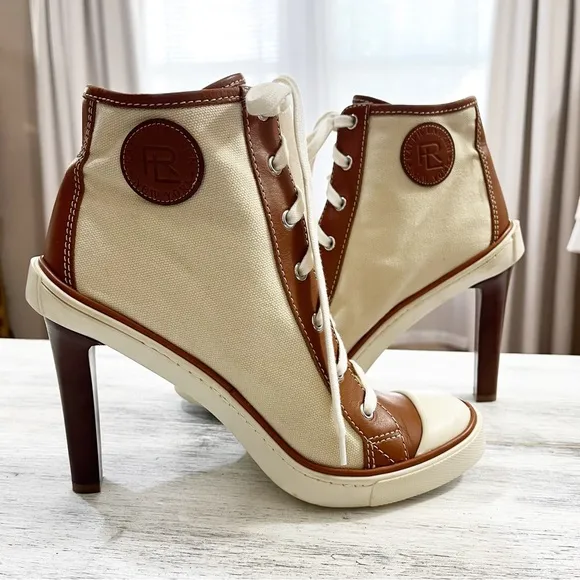 Ralph Lauren Cream canvas High Heel Ankle Booties sneakers size 40