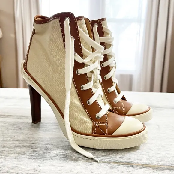 Ralph Lauren Cream canvas High Heel Ankle Booties sneakers size 40