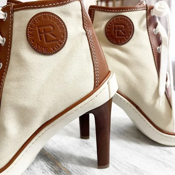 Ralph Lauren Cream canvas High Heel Ankle Booties sneakers size 40