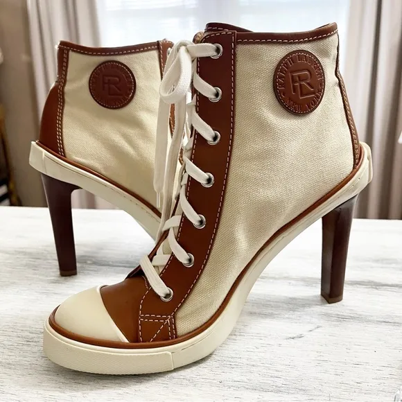 Ralph Lauren Cream canvas High Heel Ankle Booties sneakers size 40