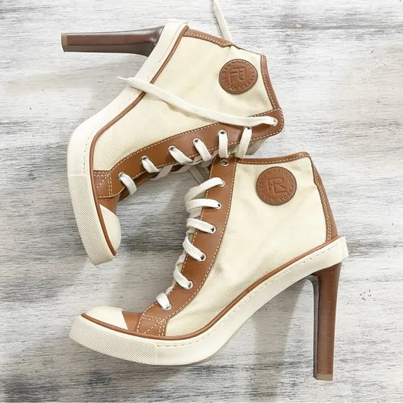 Ralph Lauren Cream canvas High Heel Ankle Booties sneakers size 40