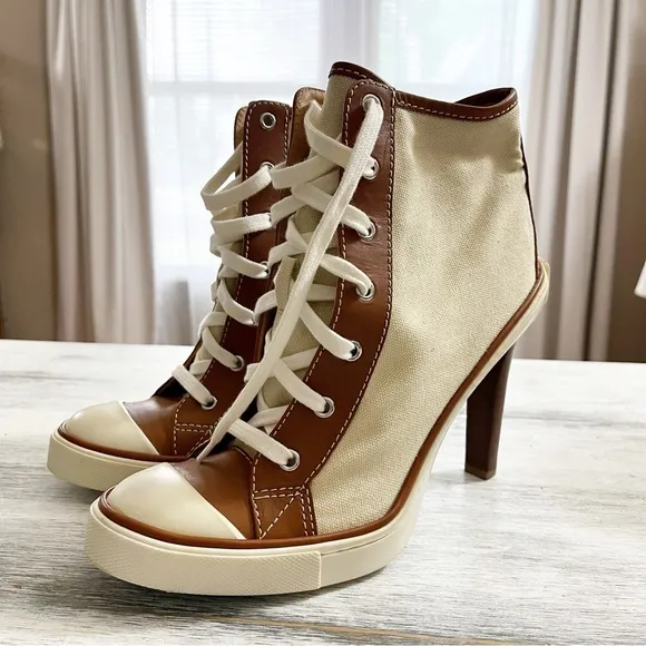 Ralph Lauren Cream canvas High Heel Ankle Booties sneakers size 40