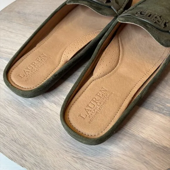 Ralph Lauren Green Suede Leather Slip On Loafers Brynn Mule Shoes US Size 9