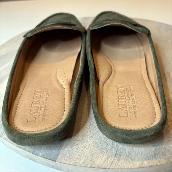 Ralph Lauren Green Suede Leather Slip On Loafers Brynn Mule Shoes US Size 9