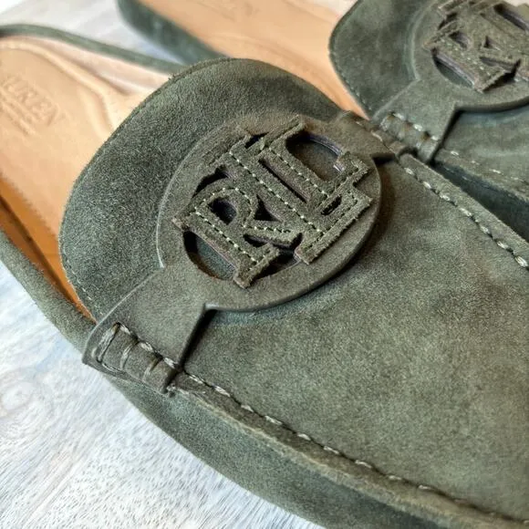 Ralph Lauren Green Suede Leather Slip On Loafers Brynn Mule Shoes US Size 9