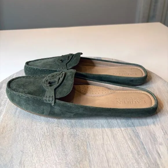 Ralph Lauren Green Suede Leather Slip On Loafers Brynn Mule Shoes US Size 9