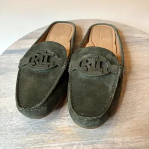 Ralph Lauren Green Suede Leather Slip On Loafers Brynn Mule Shoes US Size 9